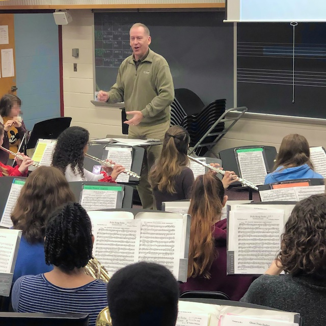 Tim Holtan presenting a clinic for band students.